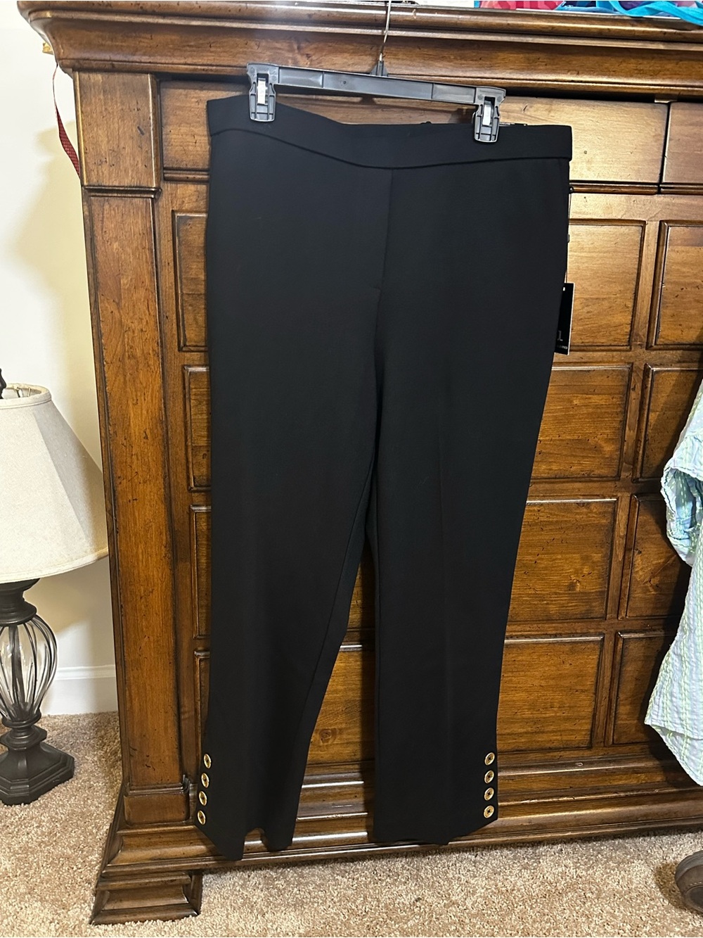 Jules & Leopold Black Ponte Ankle Pants with Gold Button Accents